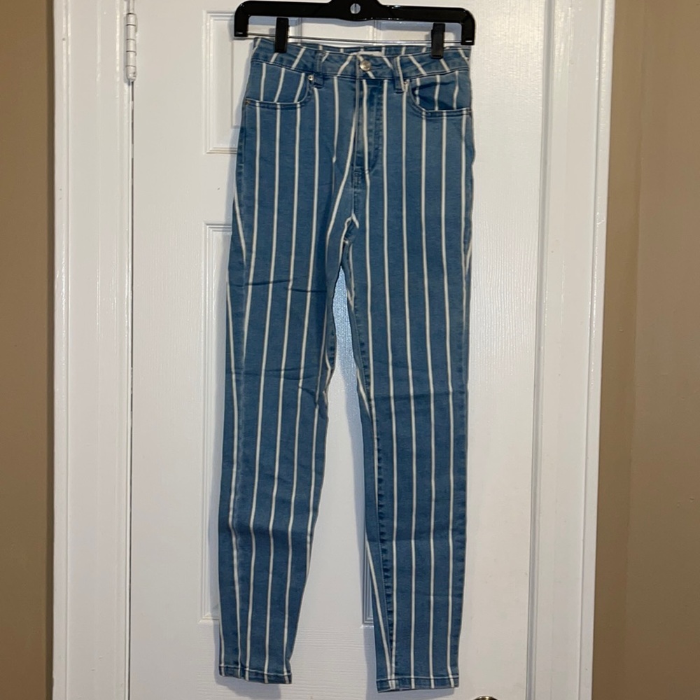 Blue and white vertical striped jeans